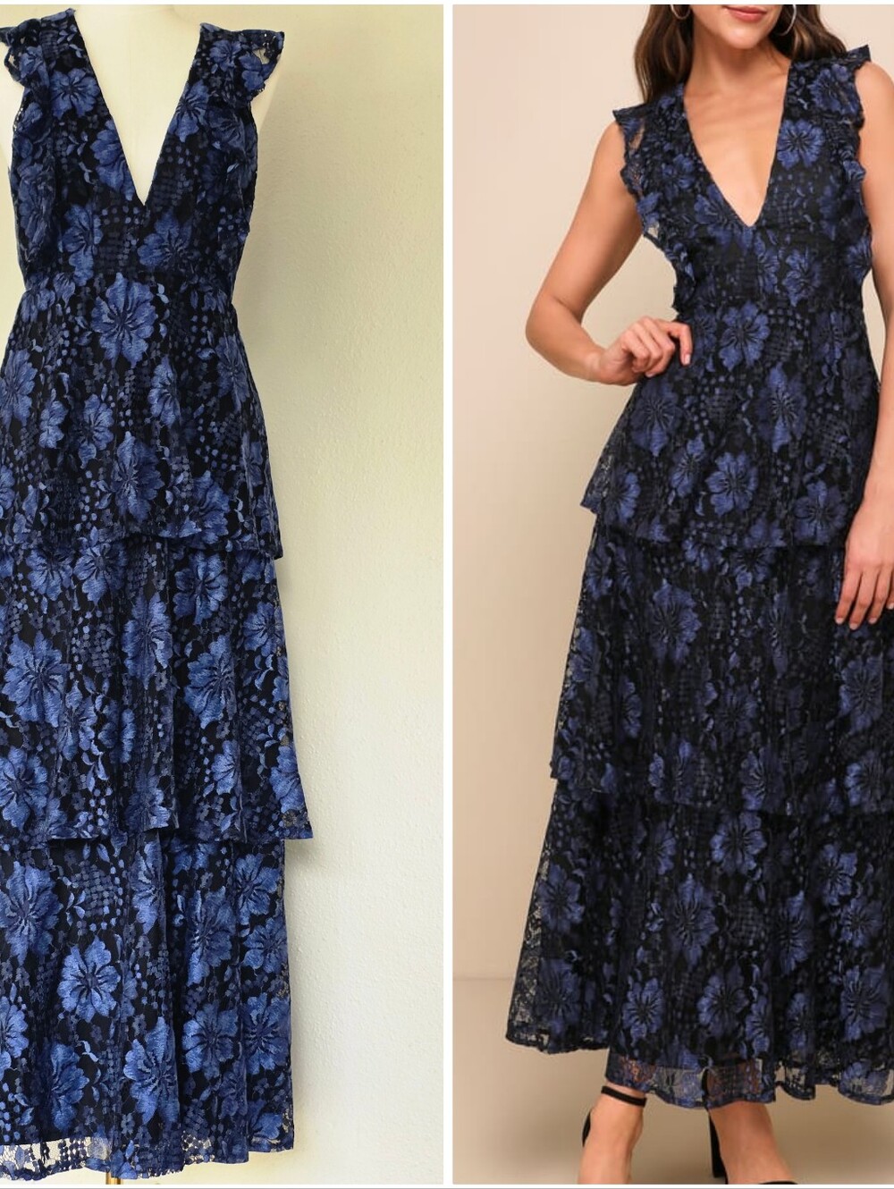 Lulus Black Blue Sheer Mesh Tiered Lace Floral Maxi Dress Size M